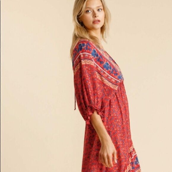 Umgee Boho Summer Red Floral Midi Dress NWT - Picture 3 of 8